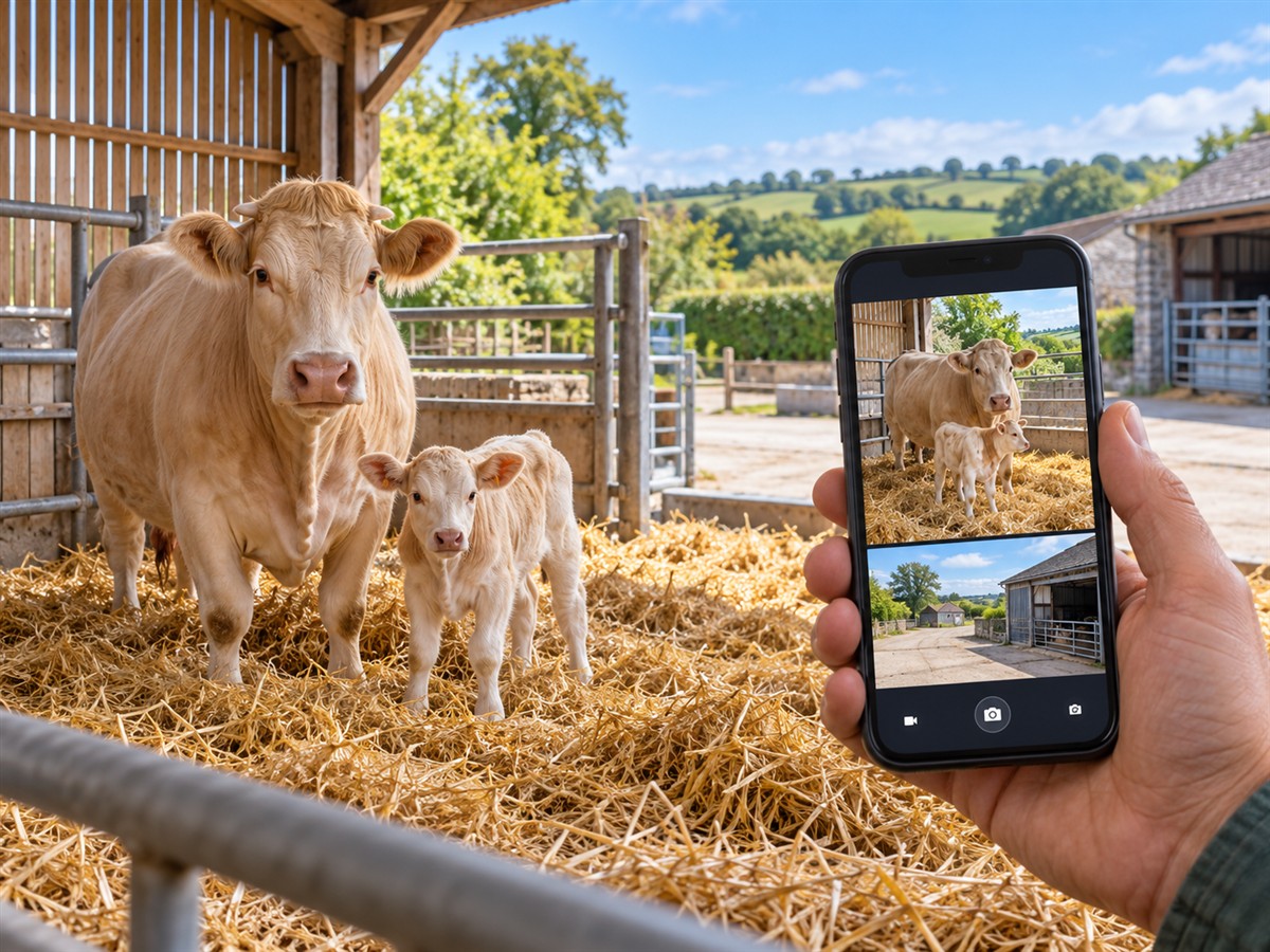 Illustration CamAgri : une vache et son veau dans un bâtiment, avec leurs images consultées sur téléphone